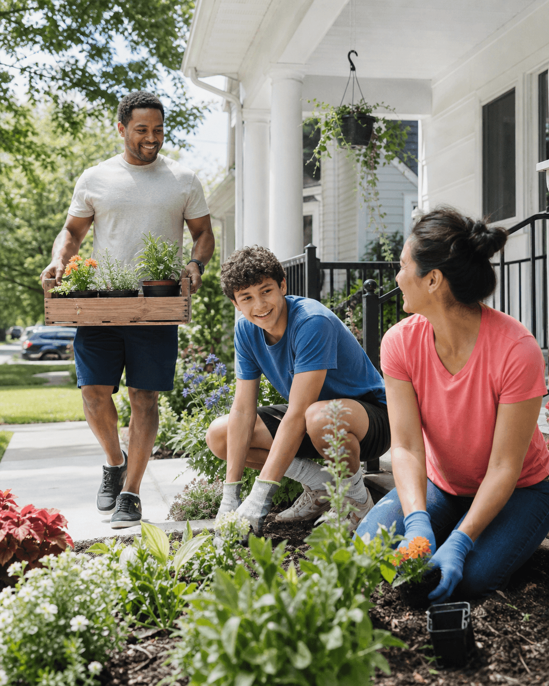 Neighbors gardening together outside a North American home